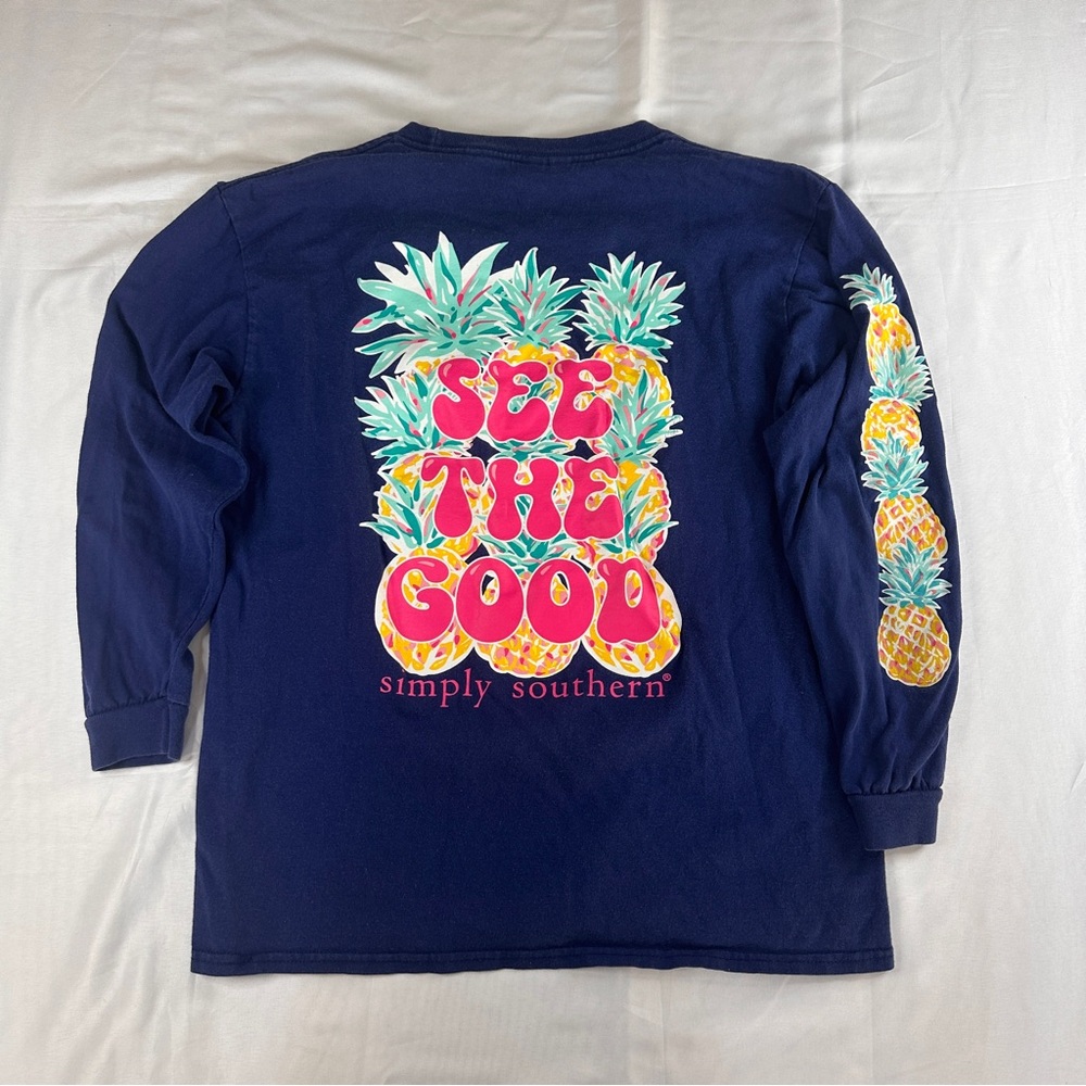 Simply Southern Long Sleeve Tee Youth Large Navy Pineapple “See The Good” - 451